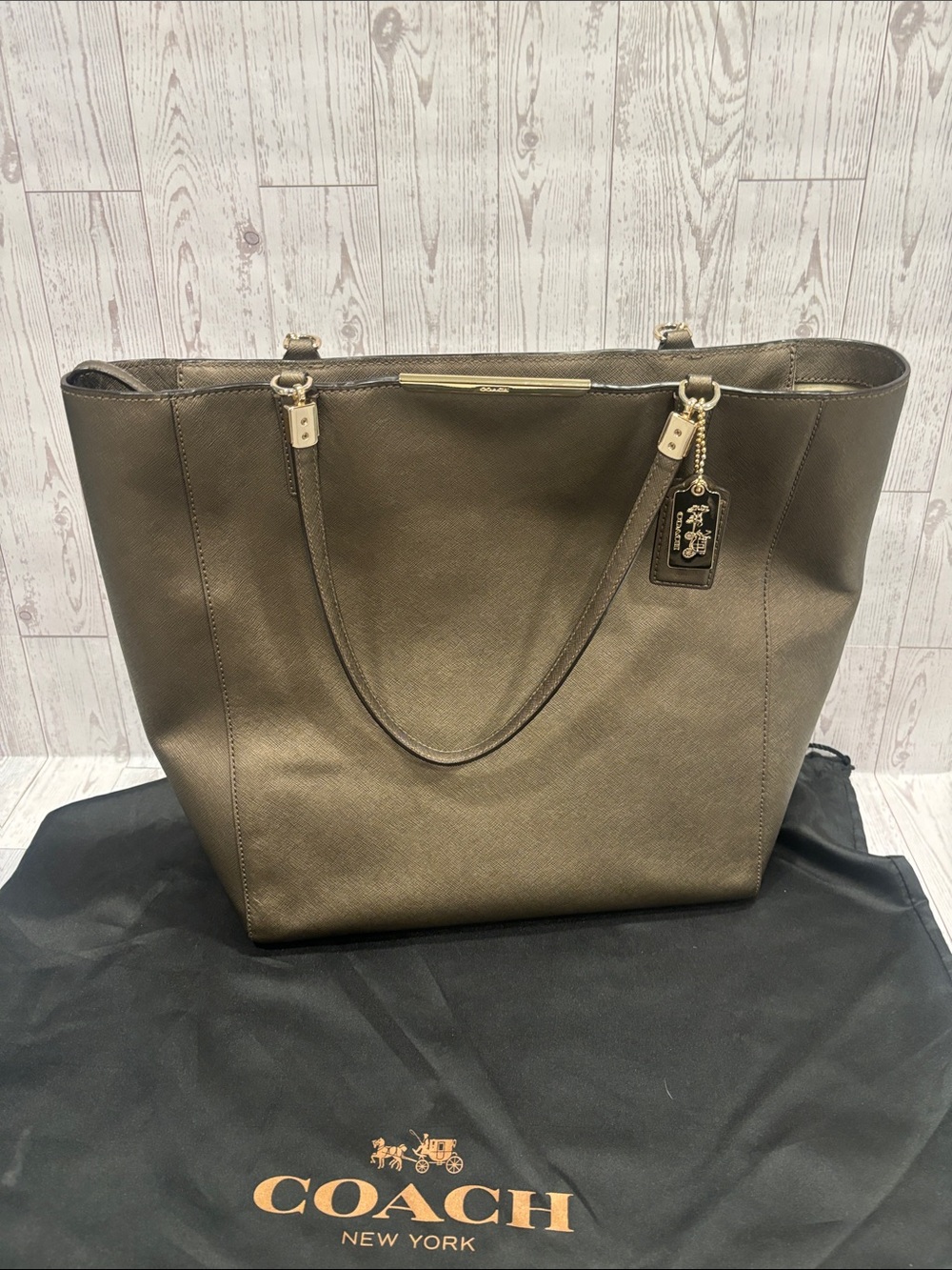 Coach Madison North South Safiano Leather Tote in Metallic Bronze & Dust Bag
